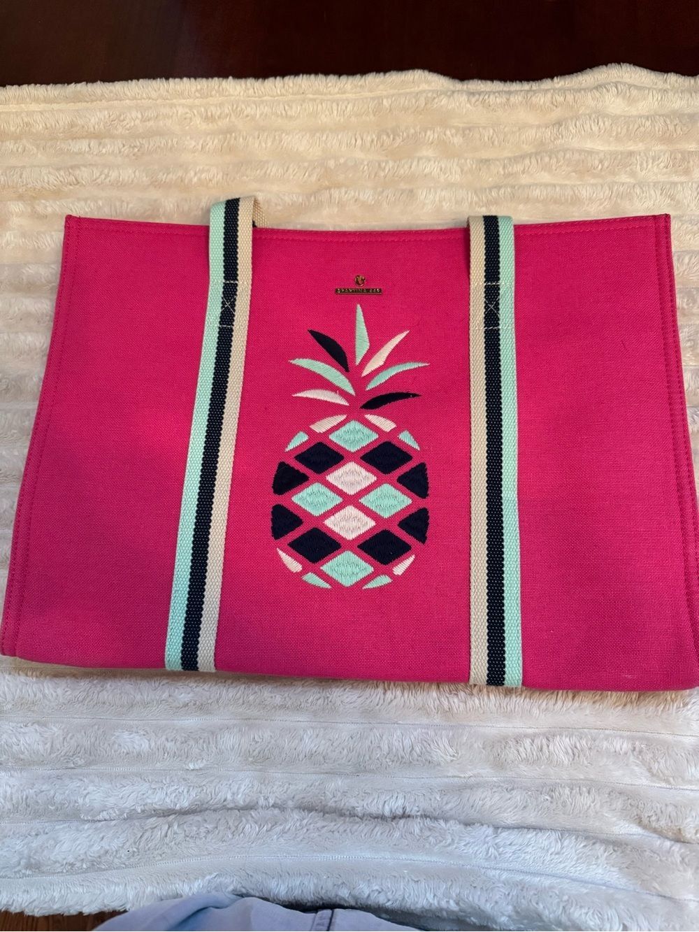 Spartina 449 Pink Embroidered Pineapple Canvas Tote Beach Bag Southern Coastal